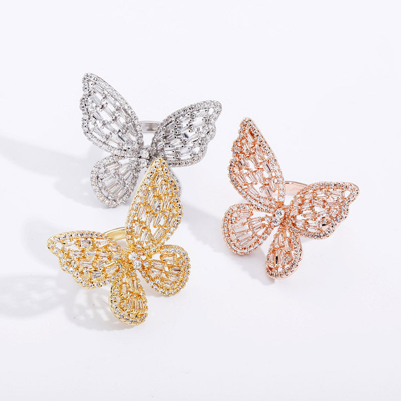 Adjustable Opening Butterfly Ring Full Of Zircon Hip Hop Women Hollow Ring Jewelry