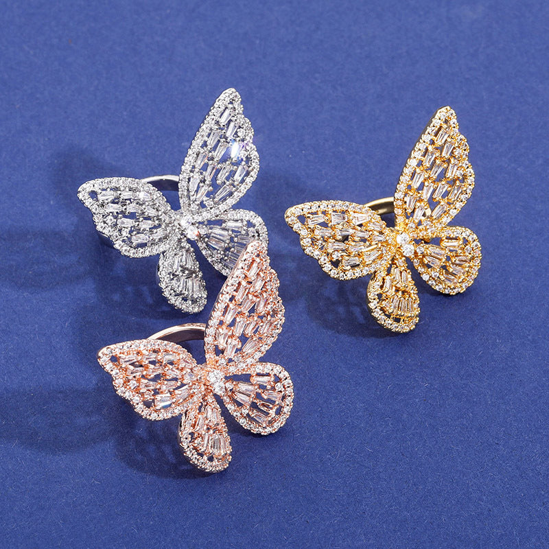 Adjustable Opening Butterfly Ring Full Of Zircon Hip Hop Women Hollow Ring Jewelry