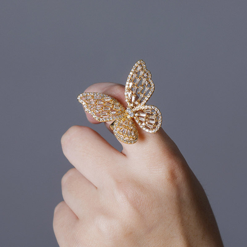 Adjustable Opening Butterfly Ring Full Of Zircon Hip Hop Women Hollow Ring Jewelry