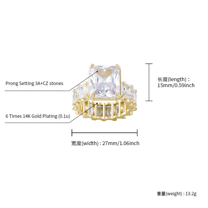 Square Gold Plated Circle AAA+ CZ Stone Copper Cubic Zircon Ring For Women Jewelry