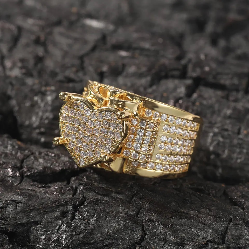 Brass Micro Pave Zircon Engagement Ring Hip Hop Heart Design Trendy Ring For Wedding Gift