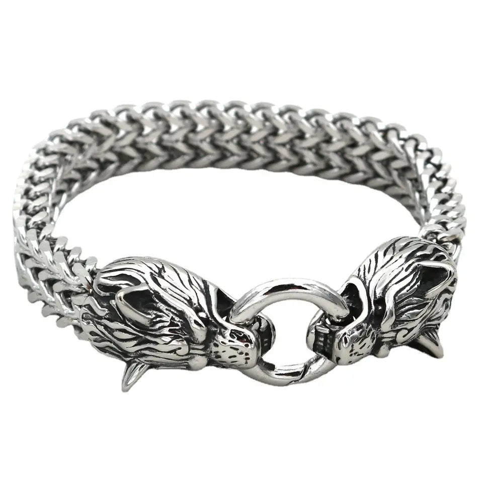 Stainless Steel Men Bracelet Titanium Steel Hip Hop Bracelet Nordic Domineering Wolf Head Viking Chain