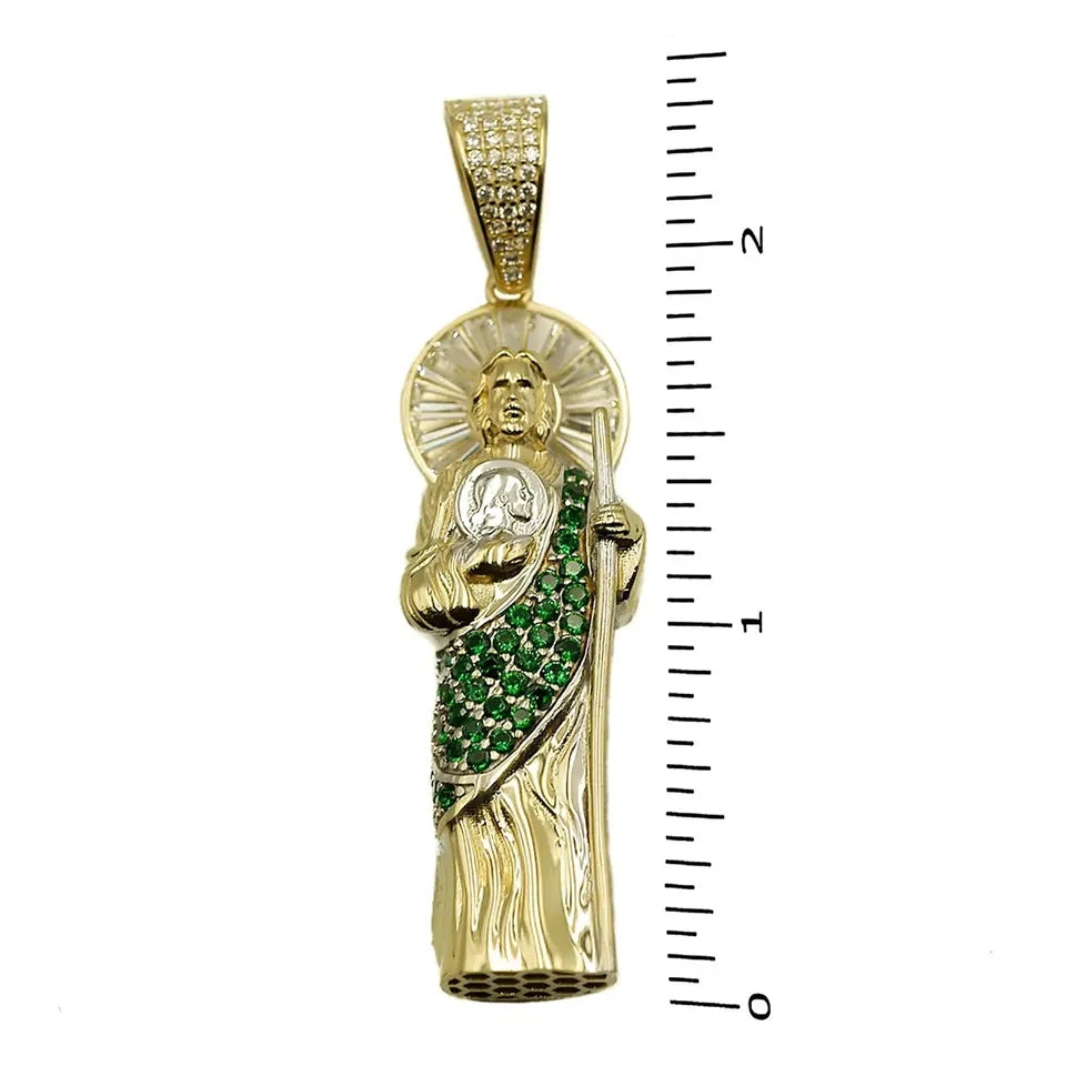 Latest Design 14K Two Tones Gold 3D Puffy Saint Jude San Judas Pendant With Green Cz Stone