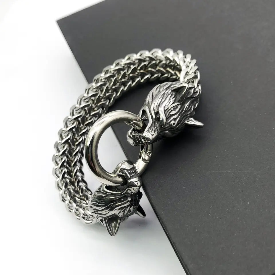 Stainless Steel Men Bracelet Titanium Steel Hip Hop Bracelet Nordic Domineering Wolf Head Viking Chain