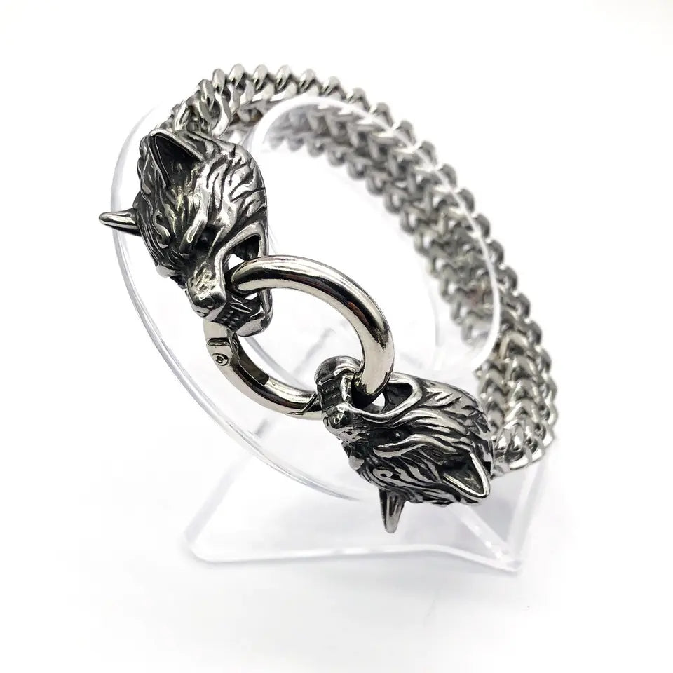 Stainless Steel Men Bracelet Titanium Steel Hip Hop Bracelet Nordic Domineering Wolf Head Viking Chain