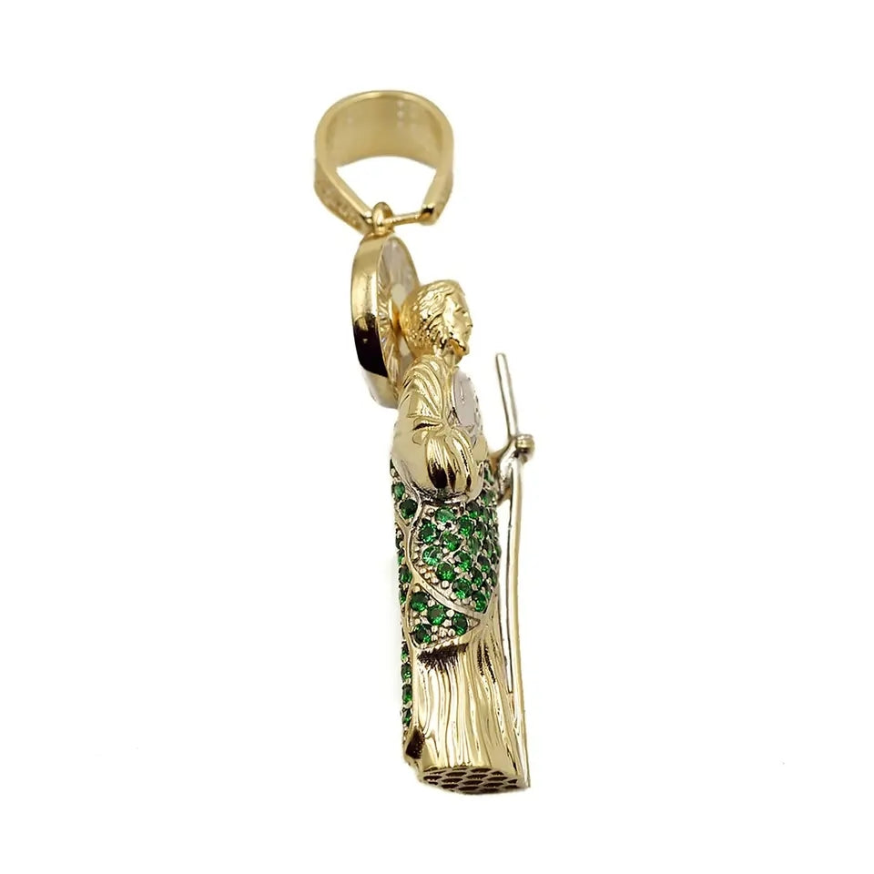 Latest Design 14K Two Tones Gold 3D Puffy Saint Jude San Judas Pendant With Green Cz Stone