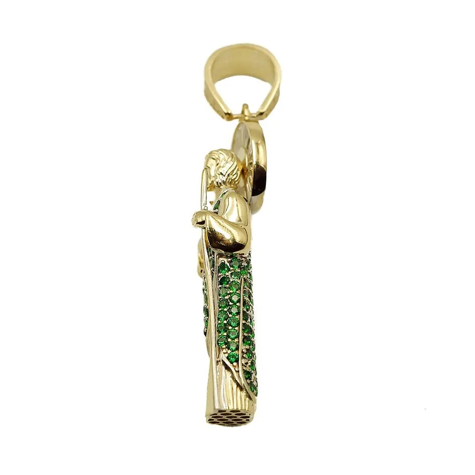 Latest Design 14K Two Tones Gold 3D Puffy Saint Jude San Judas Pendant With Green Cz Stone