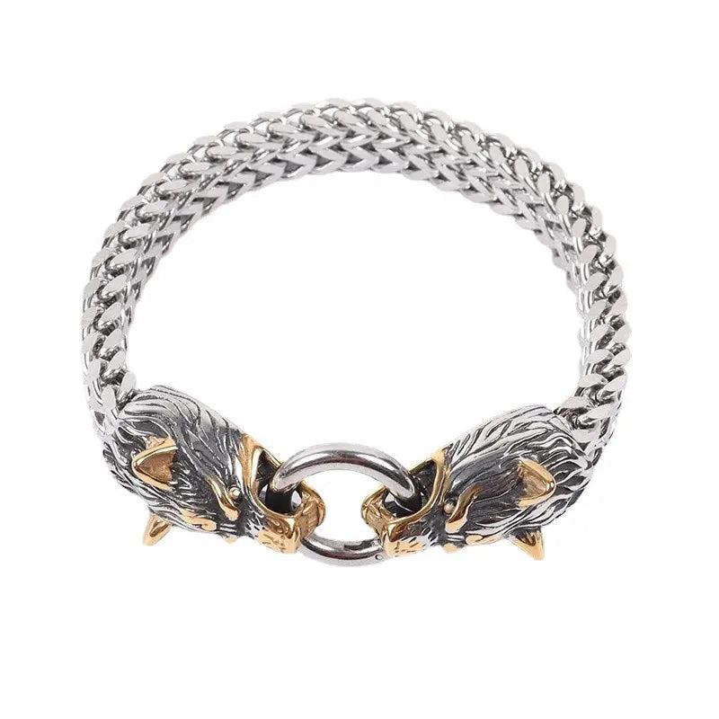 Stainless Steel Men Bracelet Titanium Steel Hip Hop Bracelet Nordic Domineering Wolf Head Viking Chain