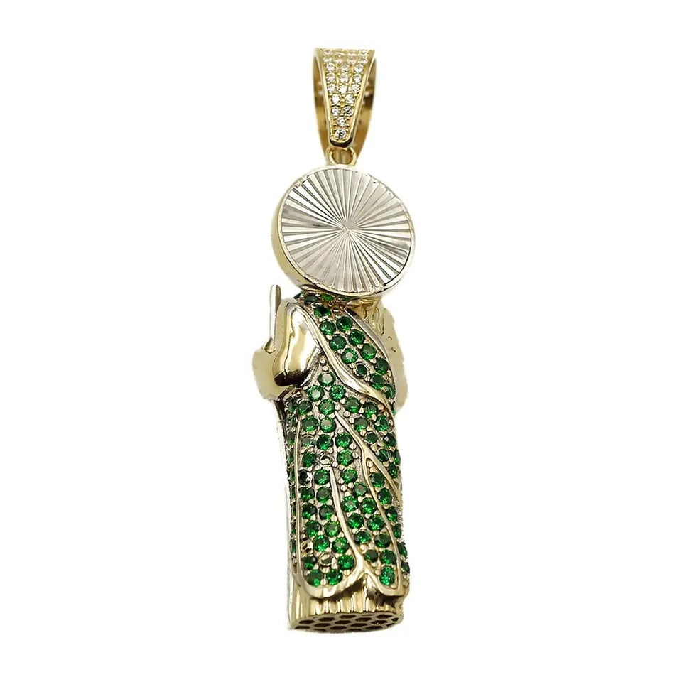 Latest Design 14K Two Tones Gold 3D Puffy Saint Jude San Judas Pendant With Green Cz Stone