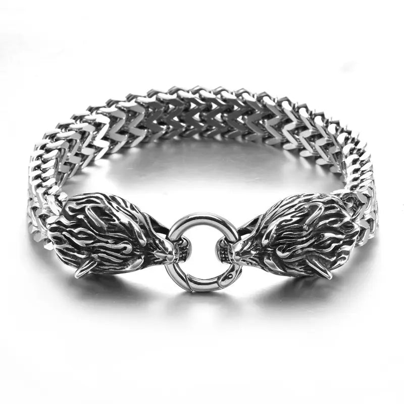 Stainless Steel Men Bracelet Titanium Steel Hip Hop Bracelet Nordic Domineering Wolf Head Viking Chain