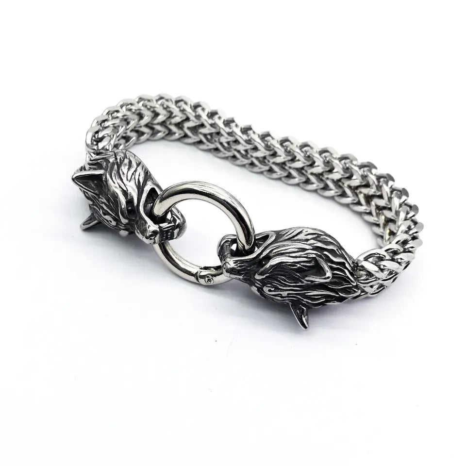 Stainless Steel Men Bracelet Titanium Steel Hip Hop Bracelet Nordic Domineering Wolf Head Viking Chain