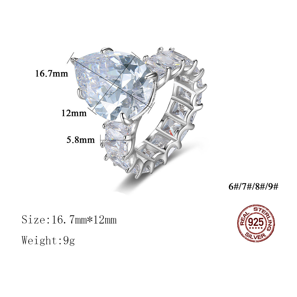 European American S925 Steling Silver Ring Drop-shaped Zircon Fashion Charm Jewelry