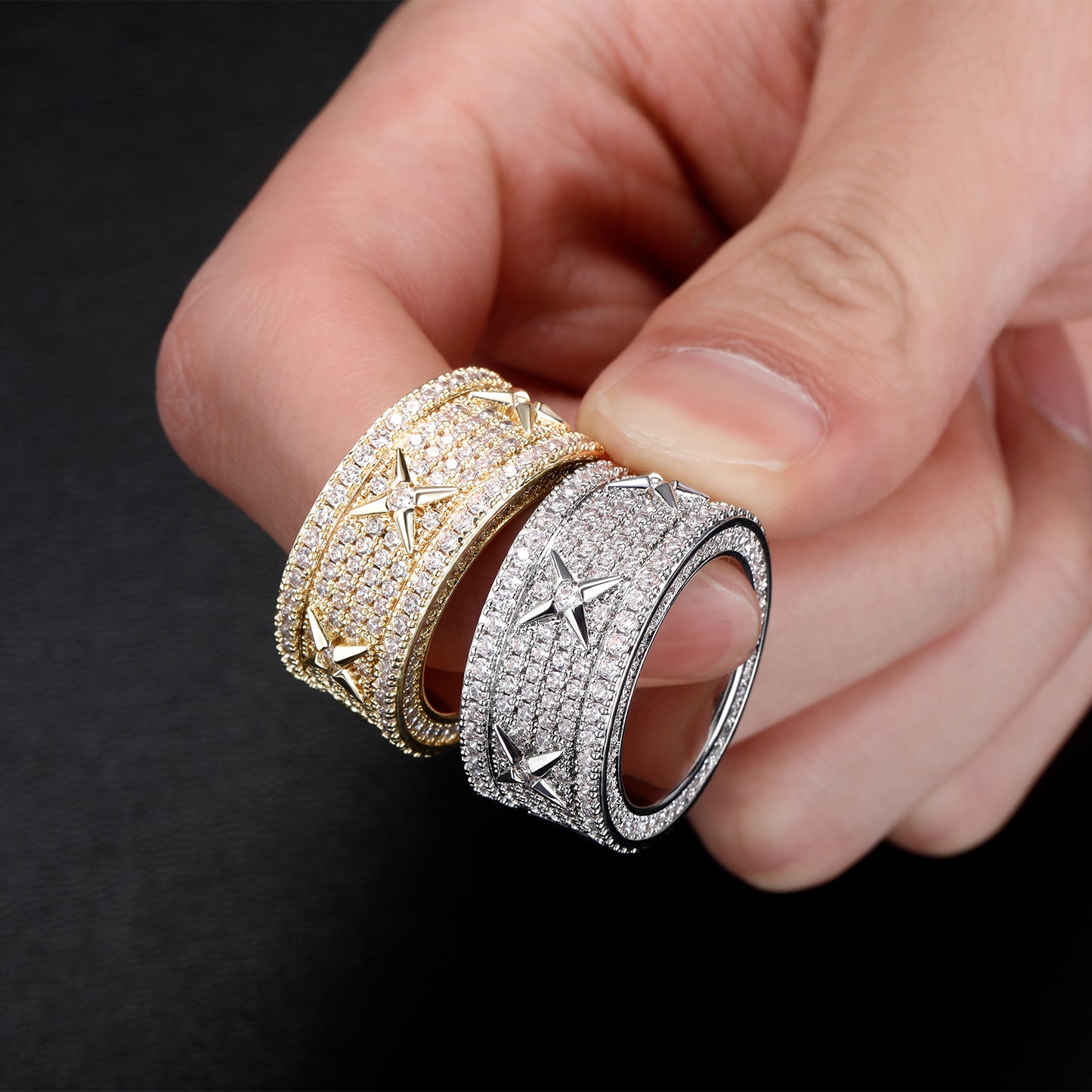 Four Star Cooper Material Gold Plated Full of CZ Diamond Hip Hop Wedding Band Ring