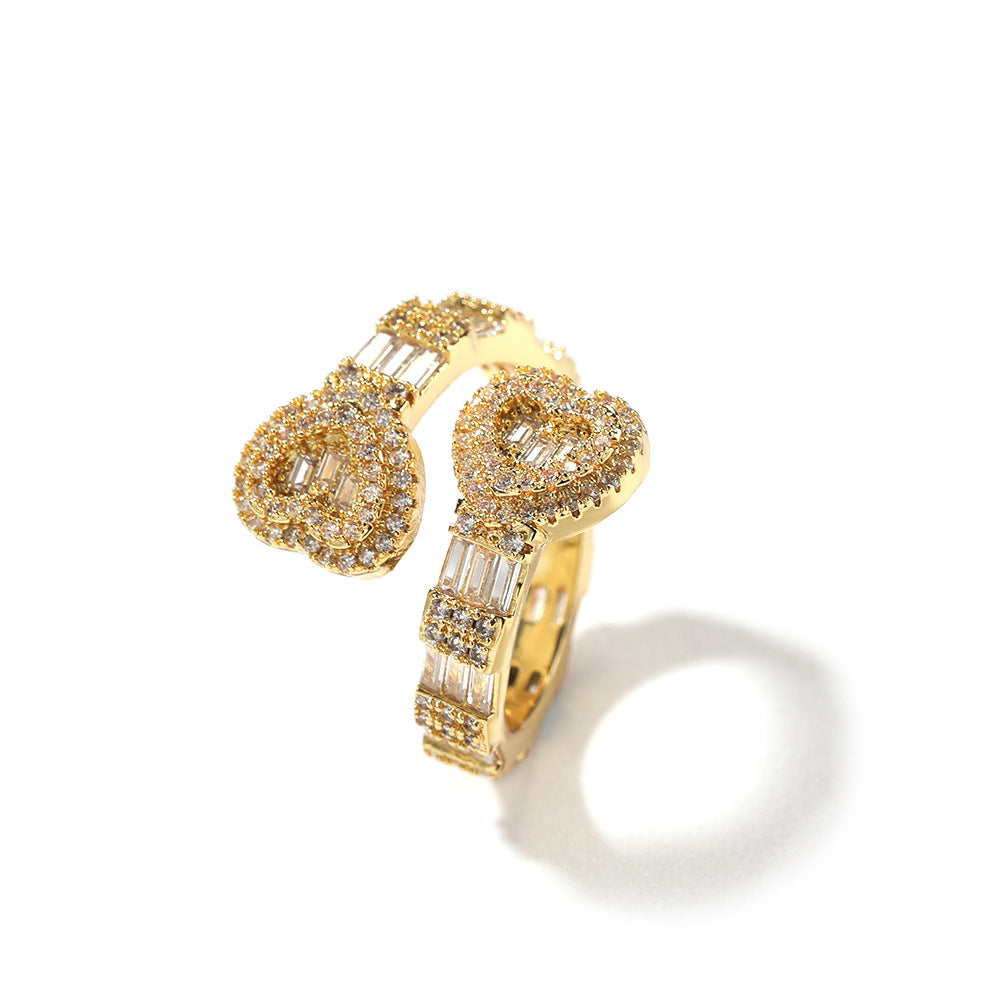 Hip Hop Gold Diamond-Encrusted Love Couple Zircon Cuban Jewelry Rings