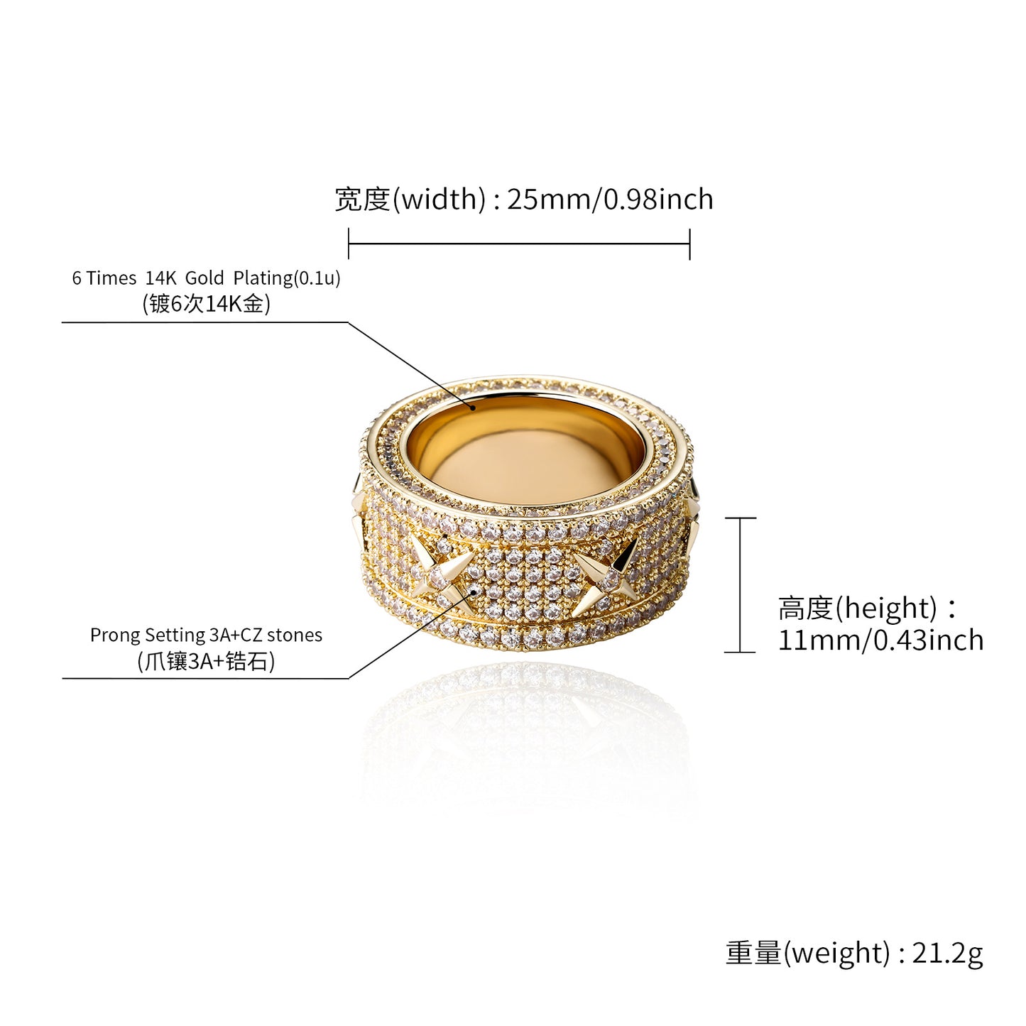 Four Star Cooper Material Gold Plated Full of CZ Diamond Hip Hop Wedding Band Ring