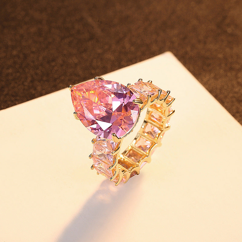 European American S925 Steling Silver Ring Drop-shaped Zircon Fashion Charm Jewelry