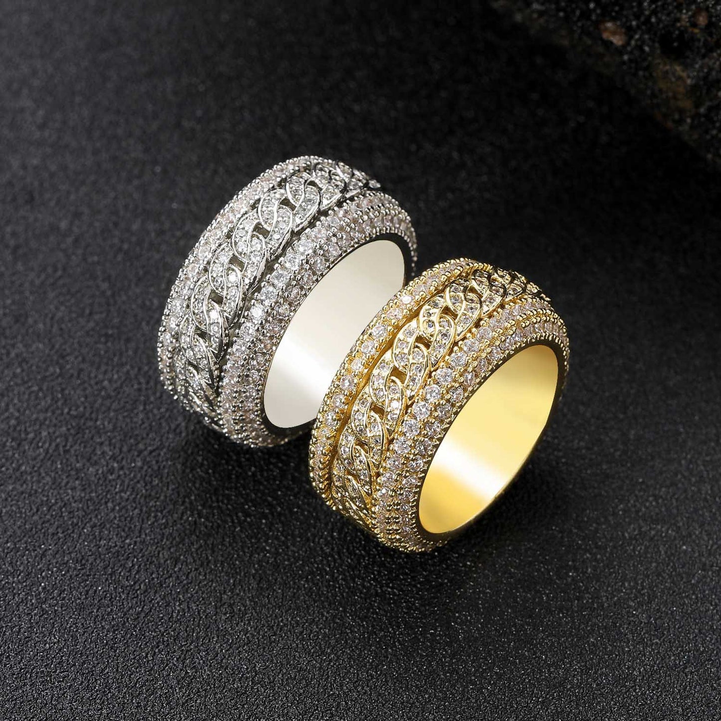 Fashion Cuban Chain Rotatable Zircon Creative Design Men Ring Jewelry