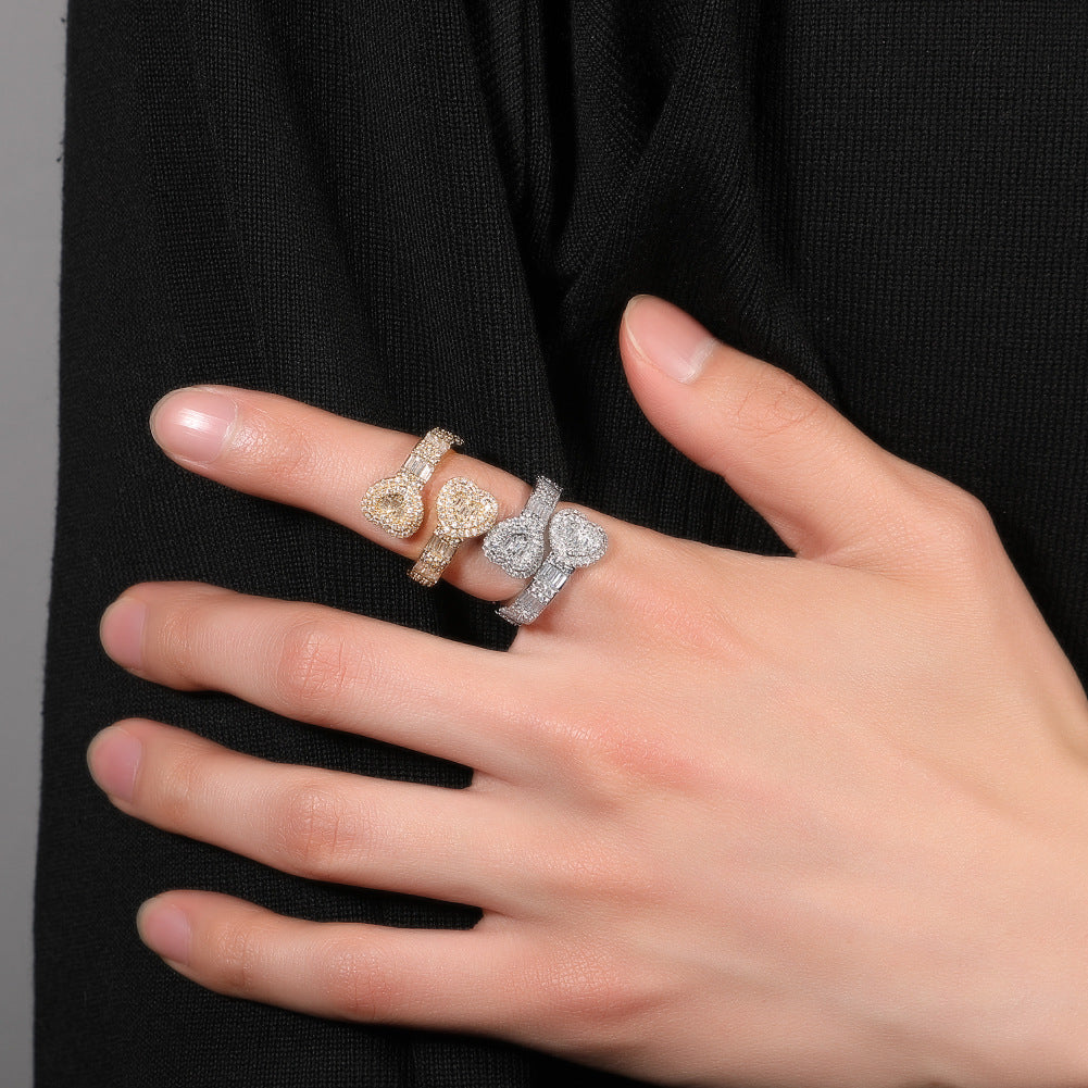 Hip Hop Gold Diamond-Encrusted Love Couple Zircon Cuban Jewelry Rings