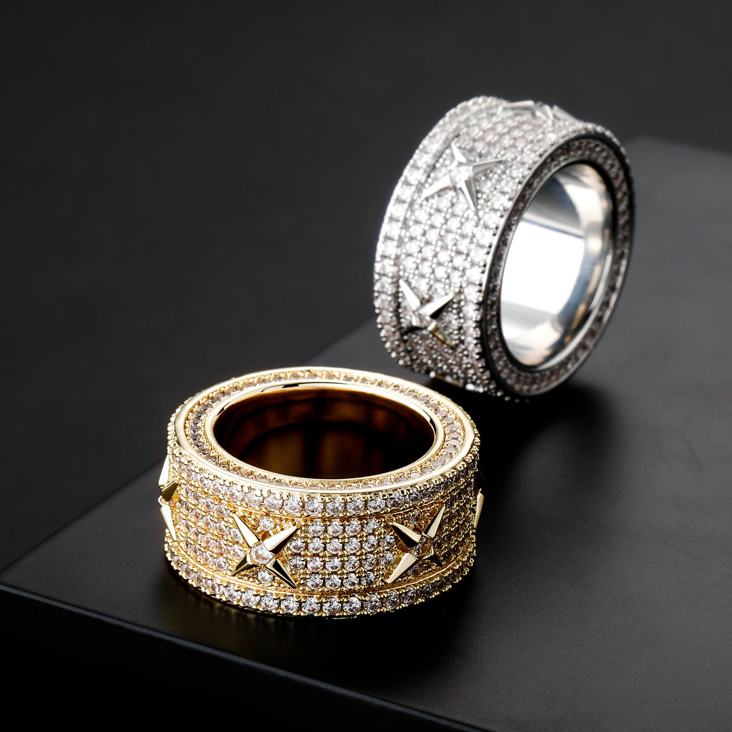 Four Star Cooper Material Gold Plated Full of CZ Diamond Hip Hop Wedding Band Ring