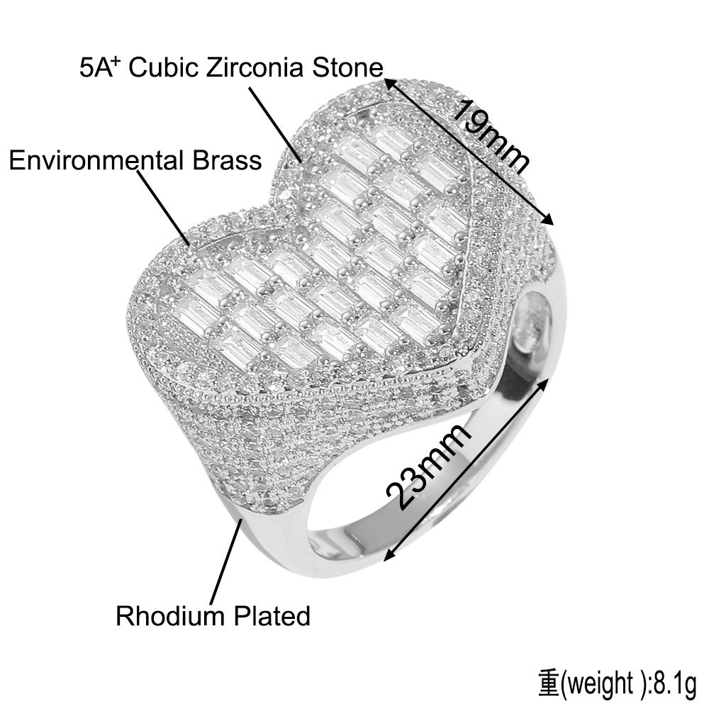 Big Heart Brass With Real Gold Plated 5A Cubic Zirconia Ring Jewelry