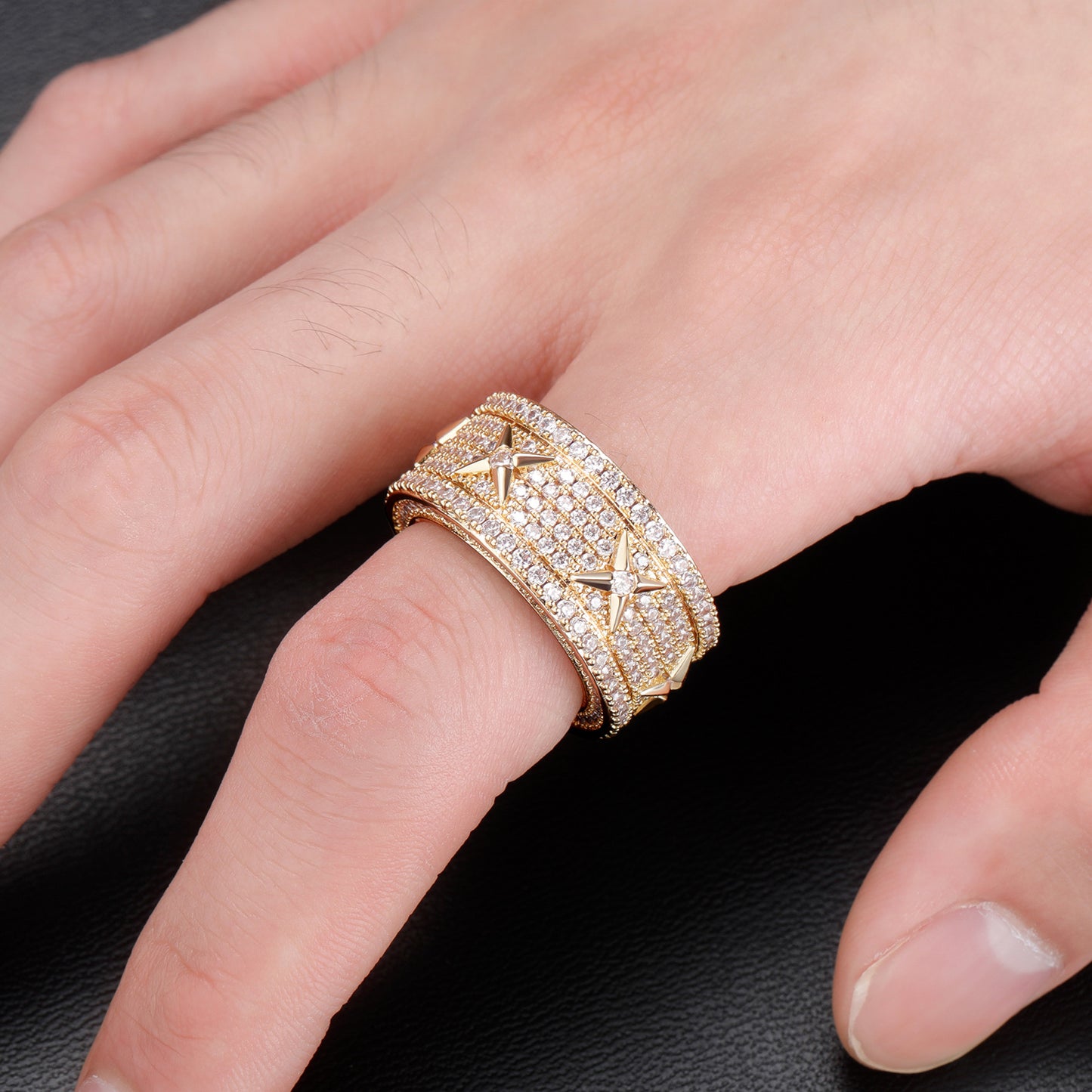 Four Star Cooper Material Gold Plated Full of CZ Diamond Hip Hop Wedding Band Ring