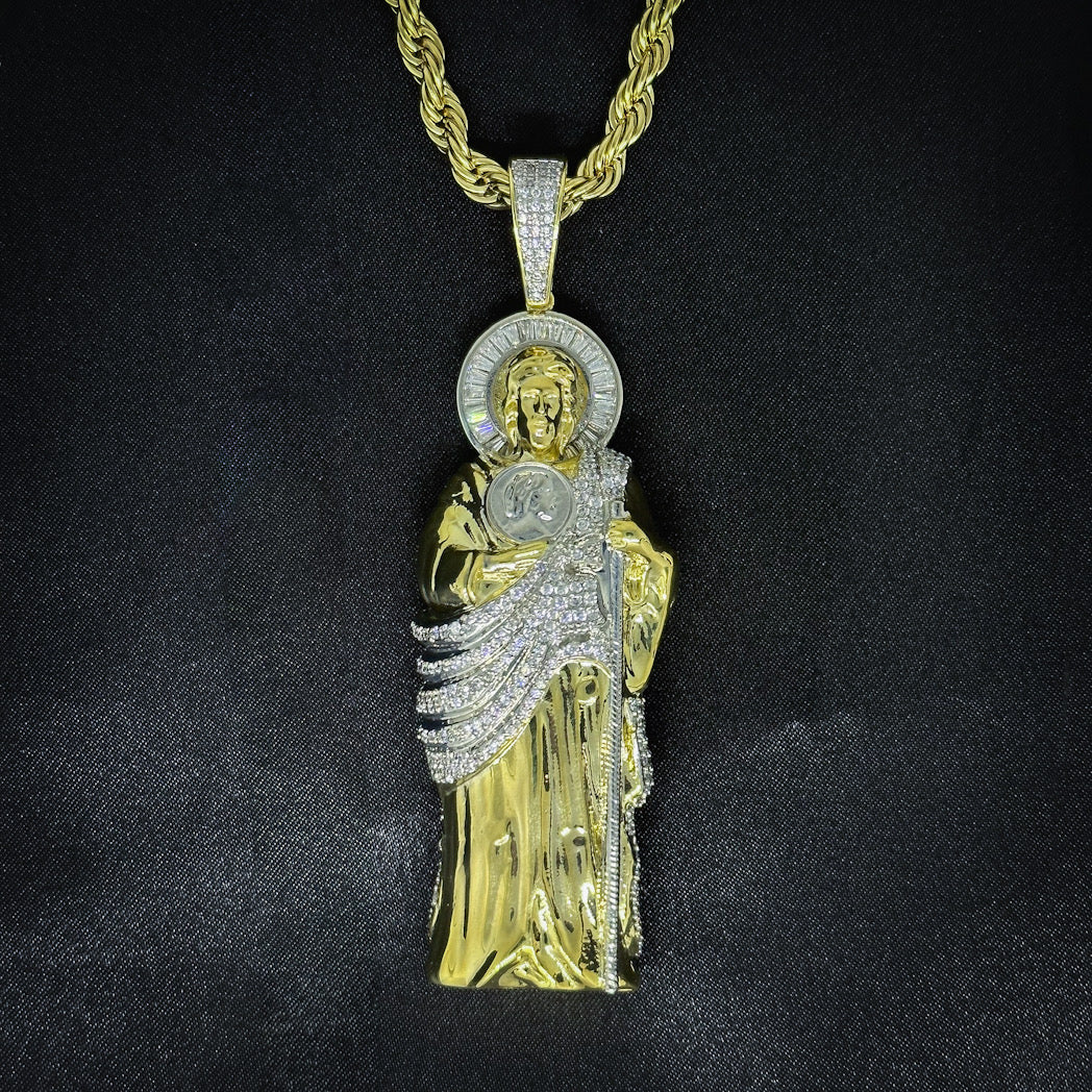 Classic Design Fashio Big Iced Out 3D San Judas Two Tone Charm Pendant Jewelry