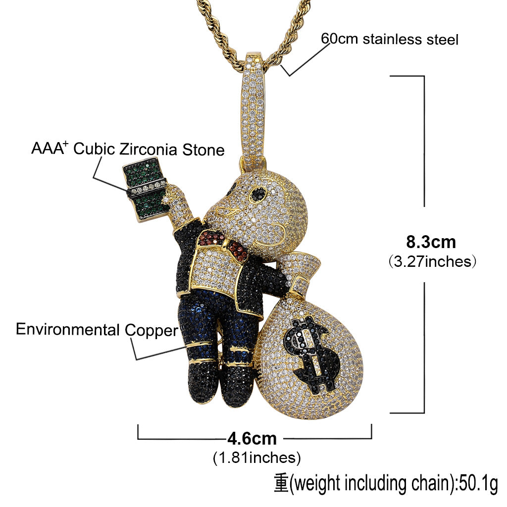 European and American Hip-Hop Grabbing Dollar Banknotes Bald Boy Money Bag Colorful Zircon Local Tyrant Charm Pendant Necklace Jewelry