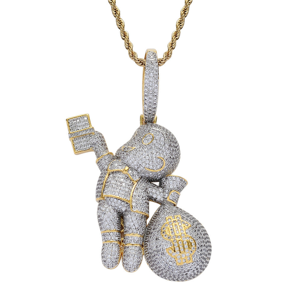 European and American Hip-Hop Grabbing Dollar Banknotes Bald Boy Money Bag Colorful Zircon Local Tyrant Charm Pendant Necklace Jewelry