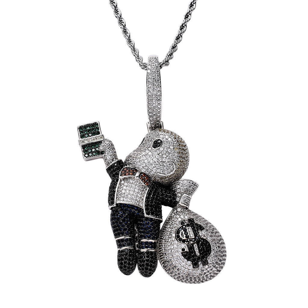 European and American Hip-Hop Grabbing Dollar Banknotes Bald Boy Money Bag Colorful Zircon Local Tyrant Charm Pendant Necklace Jewelry