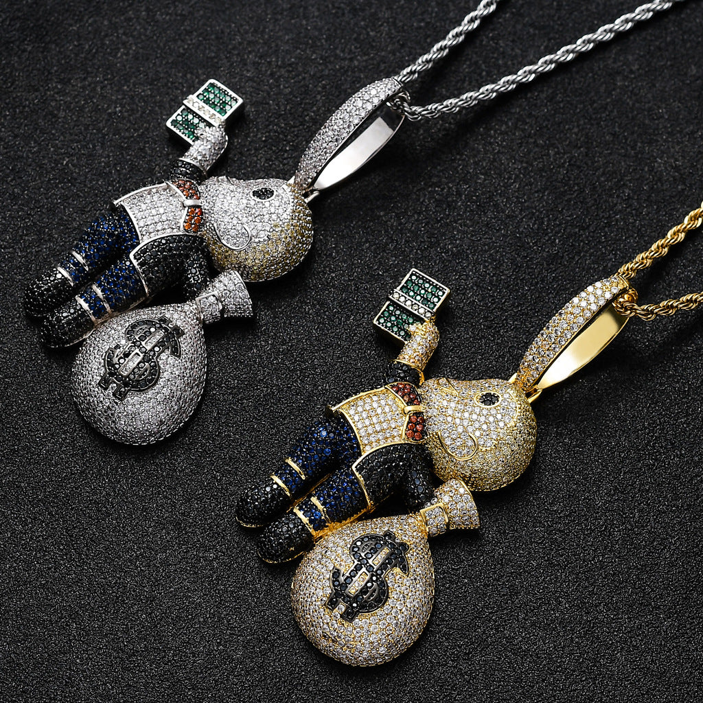 European and American Hip-Hop Grabbing Dollar Banknotes Bald Boy Money Bag Colorful Zircon Local Tyrant Charm Pendant Necklace Jewelry