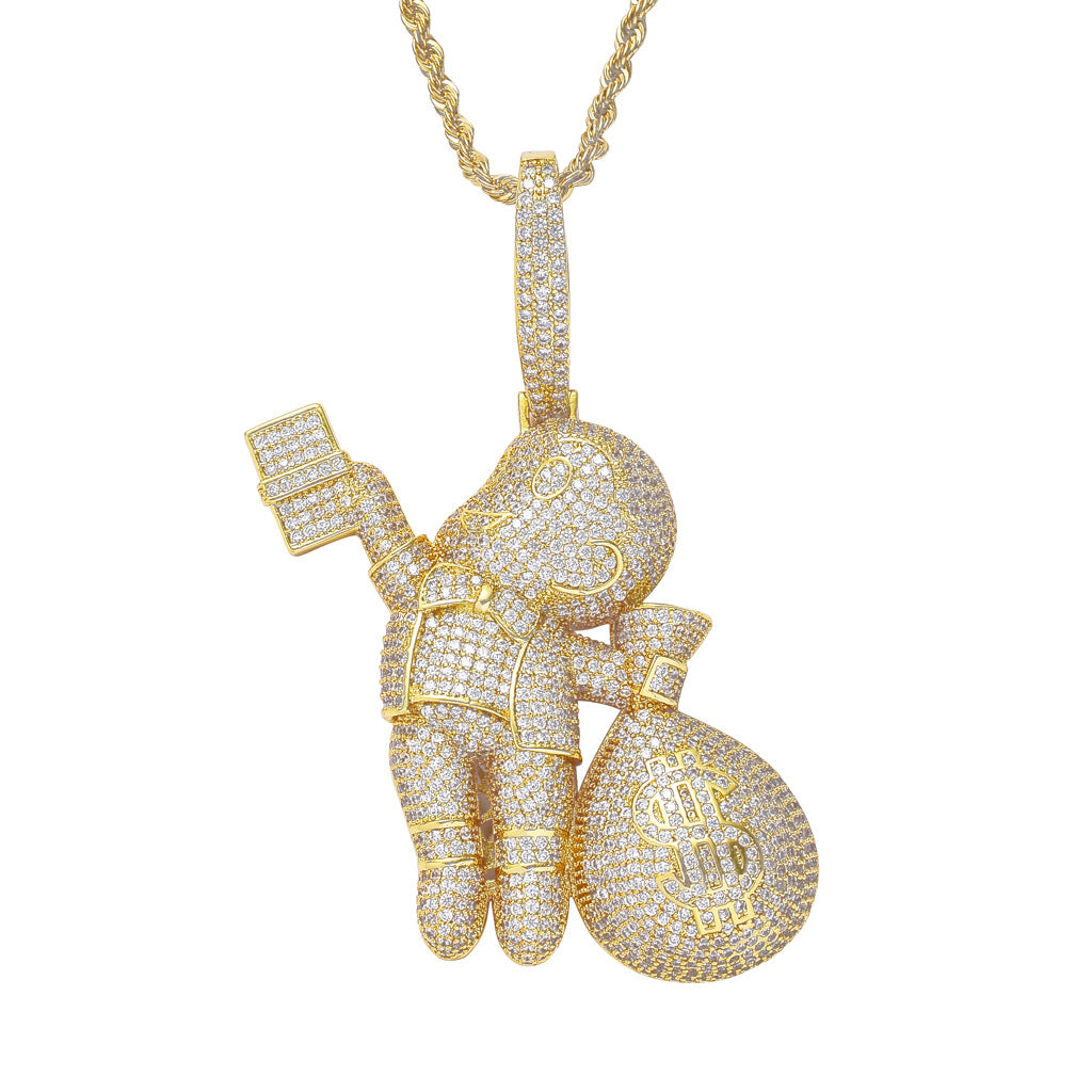 European and American Hip-Hop Grabbing Dollar Banknotes Bald Boy Money Bag Colorful Zircon Local Tyrant Charm Pendant Necklace Jewelry