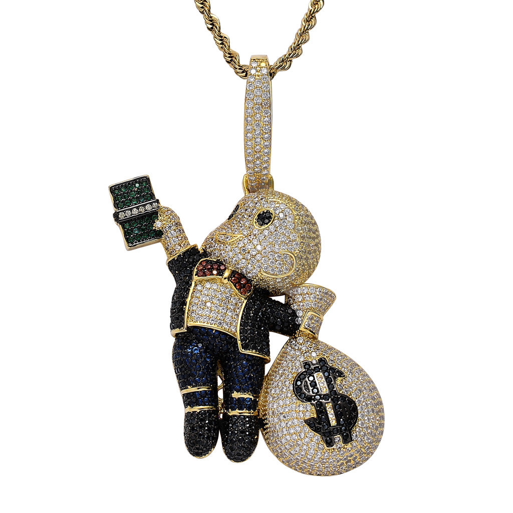 European and American Hip-Hop Grabbing Dollar Banknotes Bald Boy Money Bag Colorful Zircon Local Tyrant Charm Pendant Necklace Jewelry