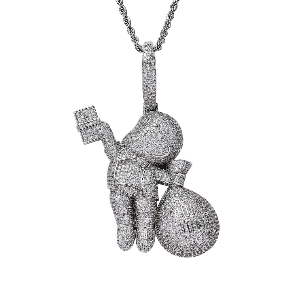 European and American Hip-Hop Grabbing Dollar Banknotes Bald Boy Money Bag Colorful Zircon Local Tyrant Charm Pendant Necklace Jewelry
