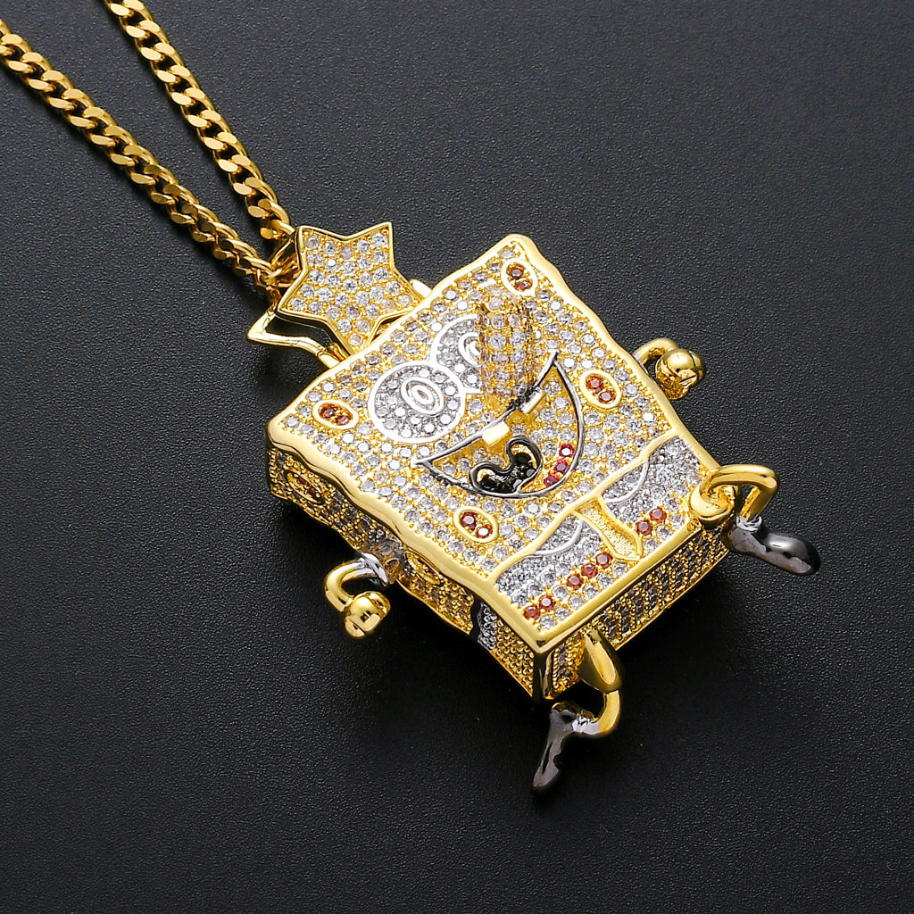 European American Cartoon Animation SpongeBob SquarePants Pendant Hip-hop Micro-inlaid Zircon Trendy Charm pendant jewelry