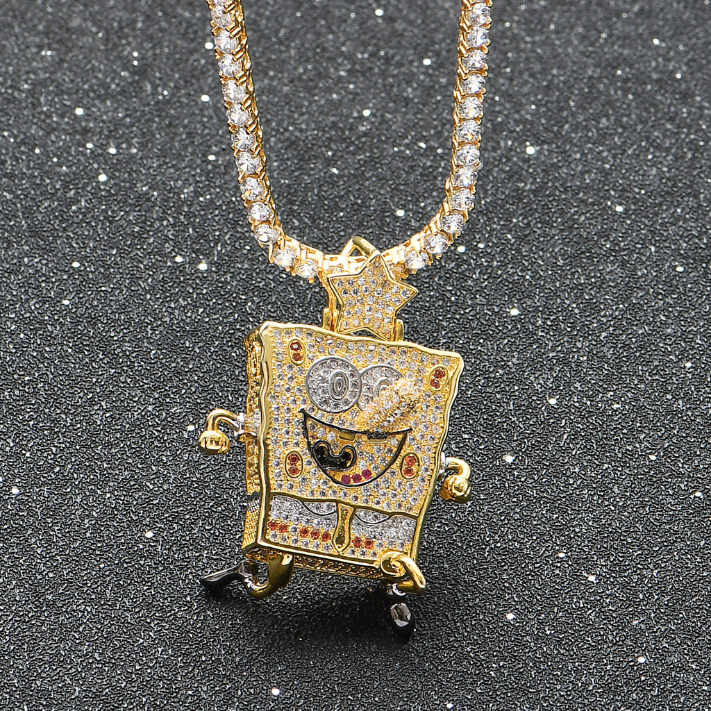 European American Cartoon Animation SpongeBob SquarePants Pendant Hip-hop Micro-inlaid Zircon Trendy Charm pendant jewelry