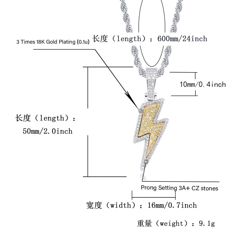 Popular Lightning Pendant Full Zircon Personalized Hip Hop Trendy Pendant Necklace Jewelry