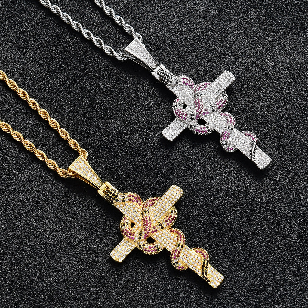 Retro Cross Snake Pendant Personalized Creative Copper Micro-inlaid Zirconium Pendant Necklace Jewelry
