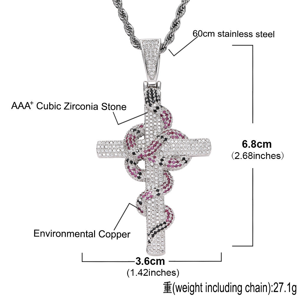 Retro Cross Snake Pendant Personalized Creative Copper Micro-inlaid Zirconium Pendant Necklace Jewelry