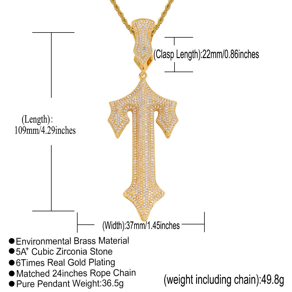 Large Sword Cross Pendant Large Trendy Brass Micro Pave Zircon Men Hip Hop Pendant Necklace