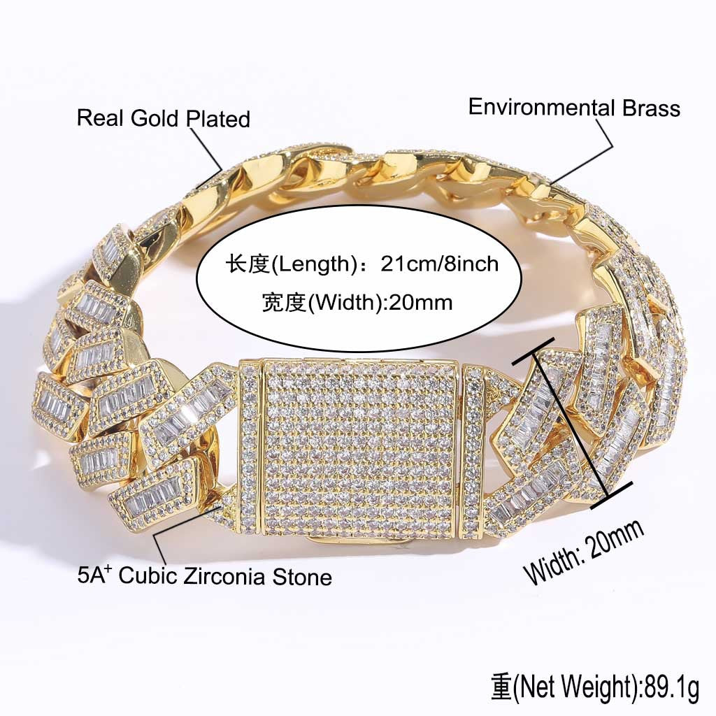 Hiphop 20mm Wide Domineering Square Round Zircon Rhombus Cuban Link Chain Personality Exaggerated Men Bracelet Jewelry