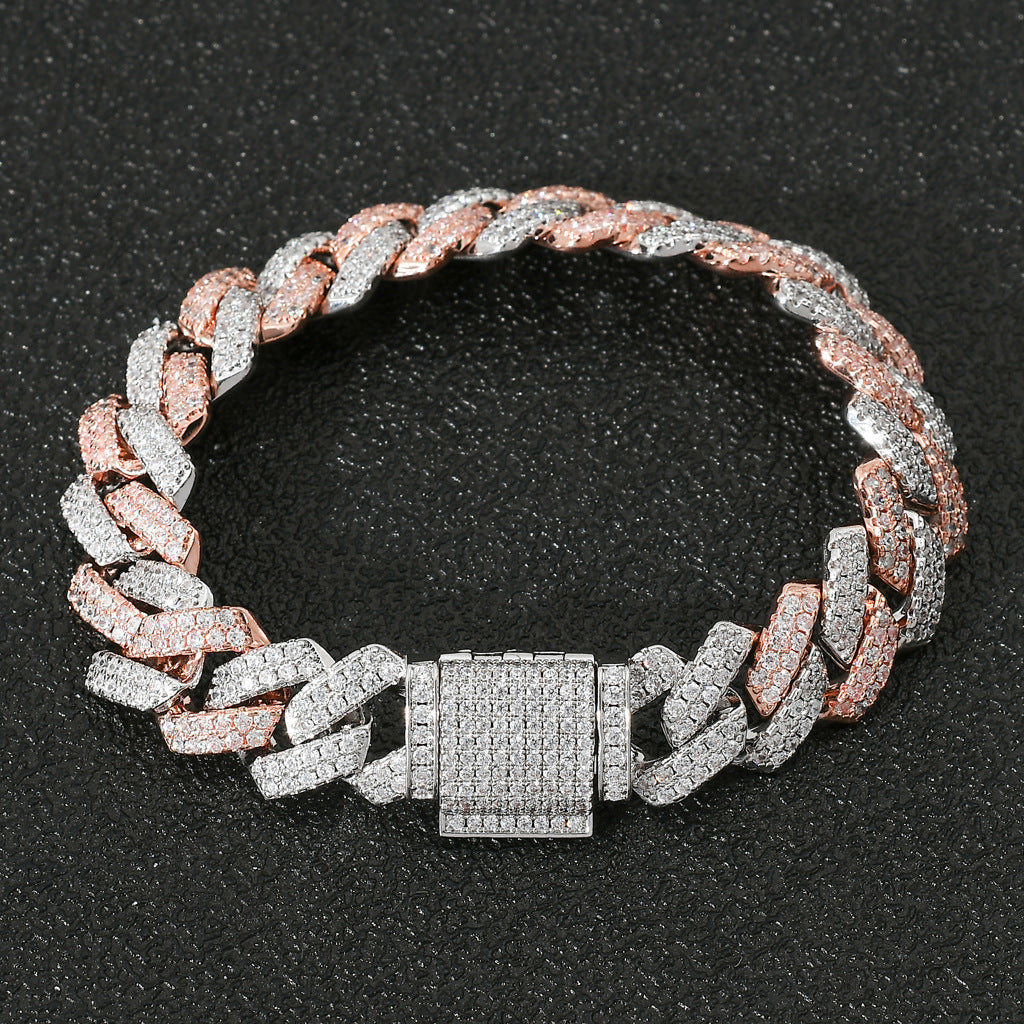 Hip Hop Two Tone 14mm White Gold Rose Gold Mixed Color Iced Out AAA Cubic Zircon Miami Cuban Bracelelt Jewelry