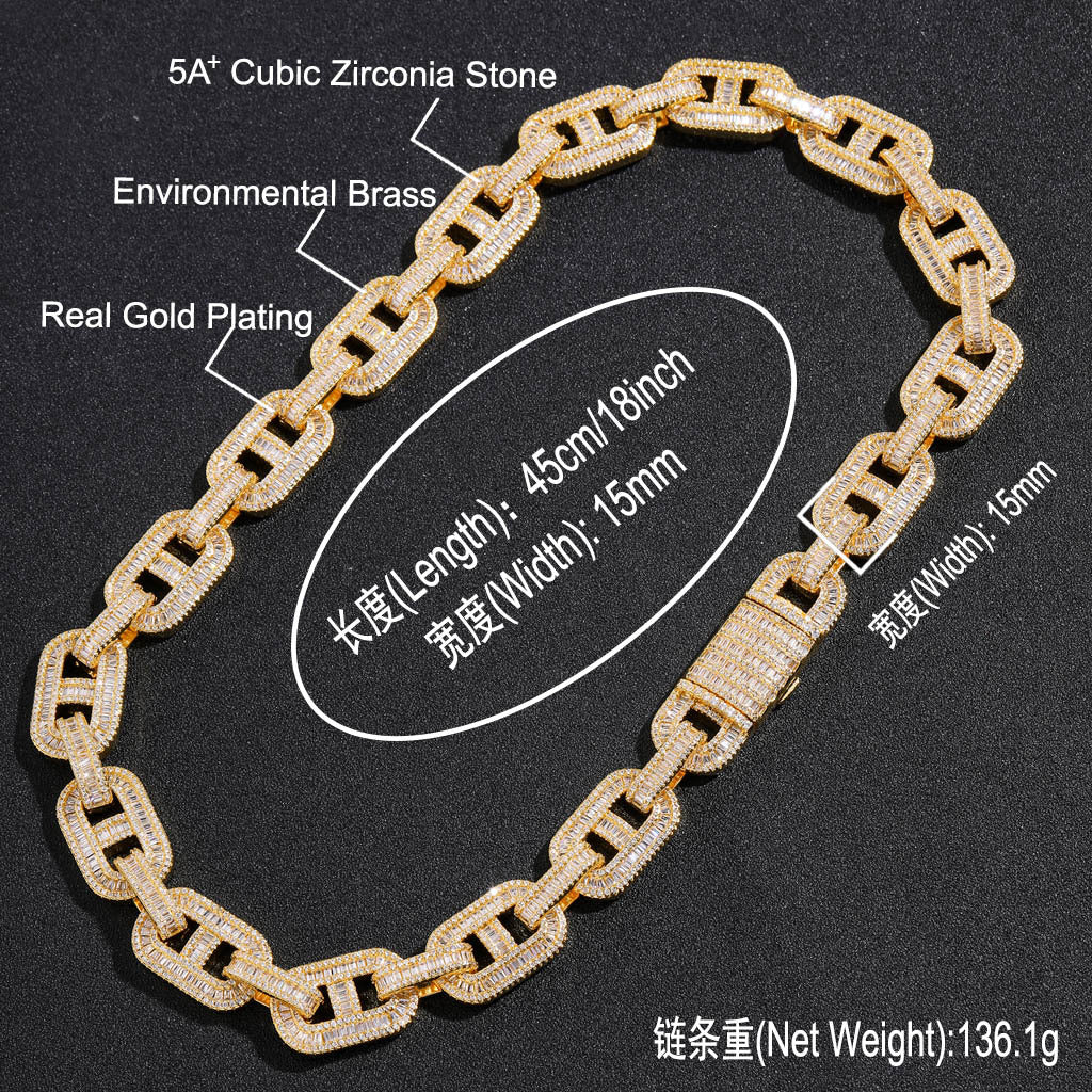 Hip Hop Coffee Bean Pig Nose Necklace 15mmT Cubic Zirconia Clavicle Chain Rap Rapper Men's Necklace Jewelry