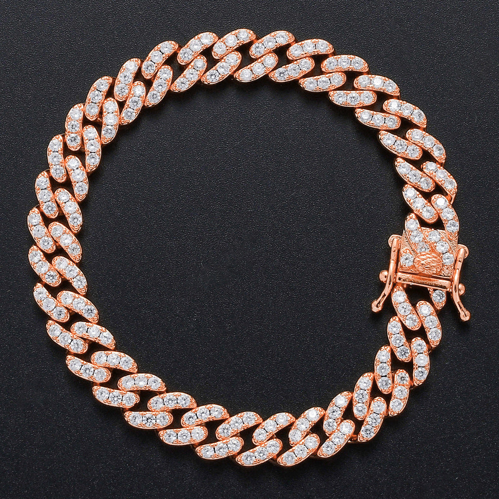 Hip Hop Fashion 9mm 1 Row White Zircon Rose Gold Iced Out Miami Cuban Link Chain Bracelet Jewelry