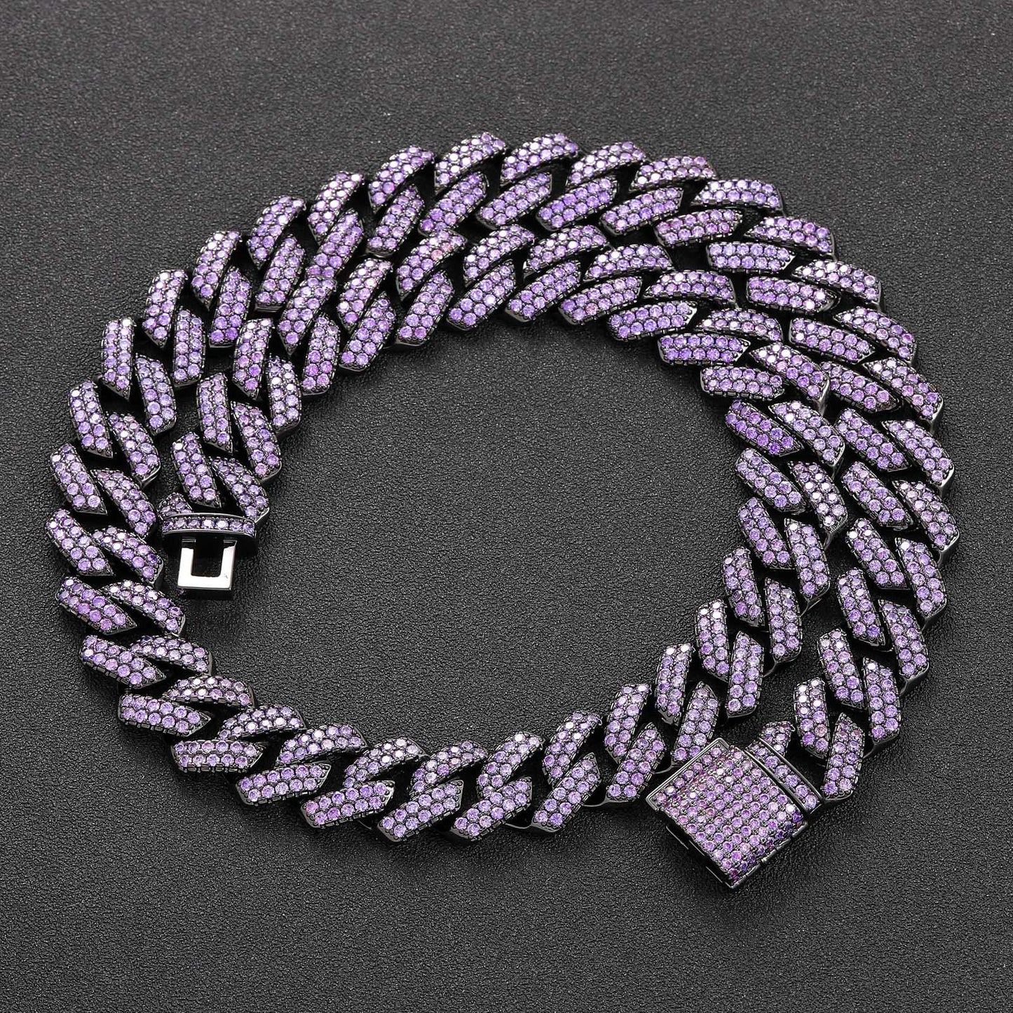 Hiphop Necklace Men Purple Zircon 15mm Rhombus Cuban Chain Copper Inlaid Zircon Hip Hop Cuban Link Chain Necklace
