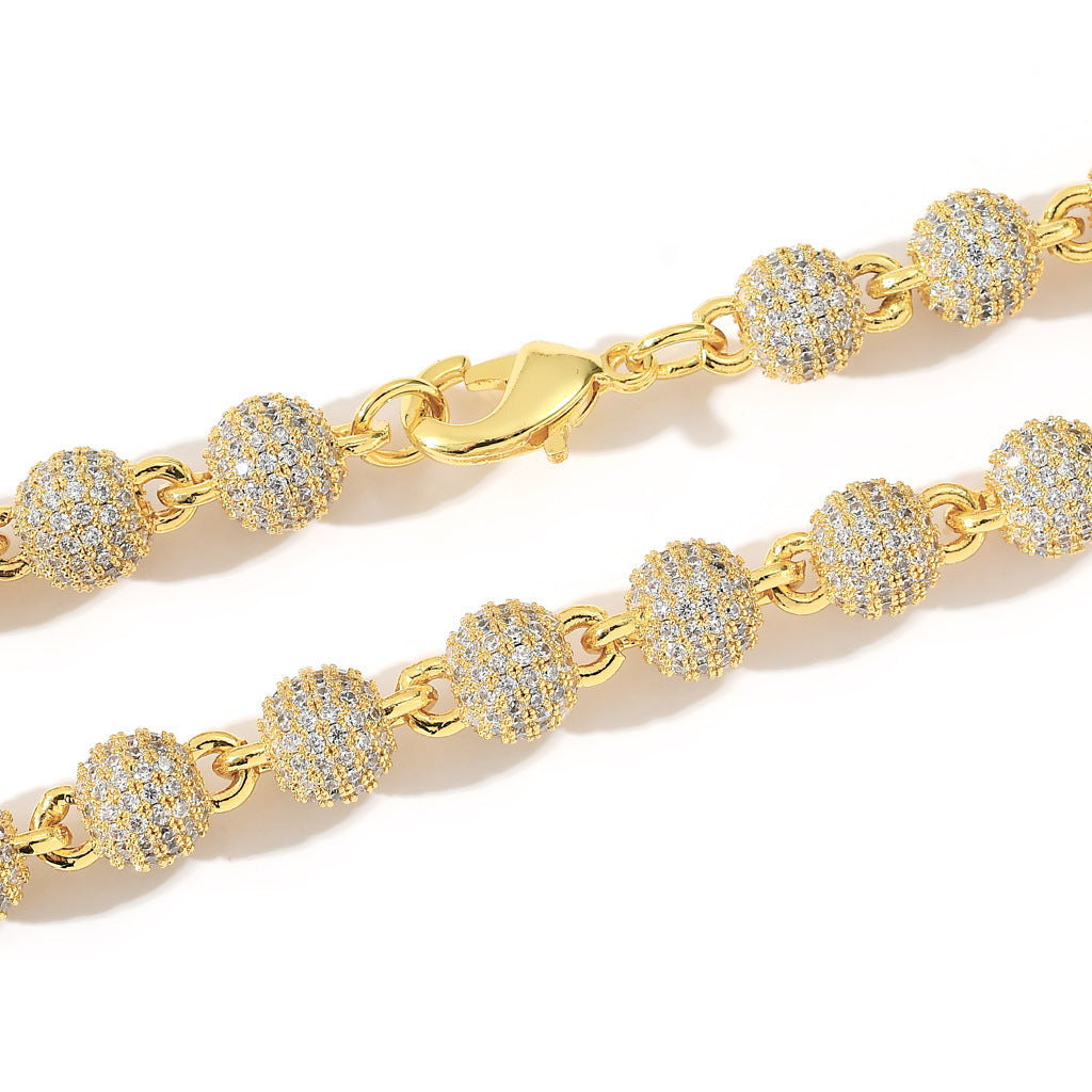 8MM Fashion 3D Round Bead Chain Copper Zircon Hip Hop Jewelry 14K Gold Spiked Womens Cuban Link Chain Necklaces
