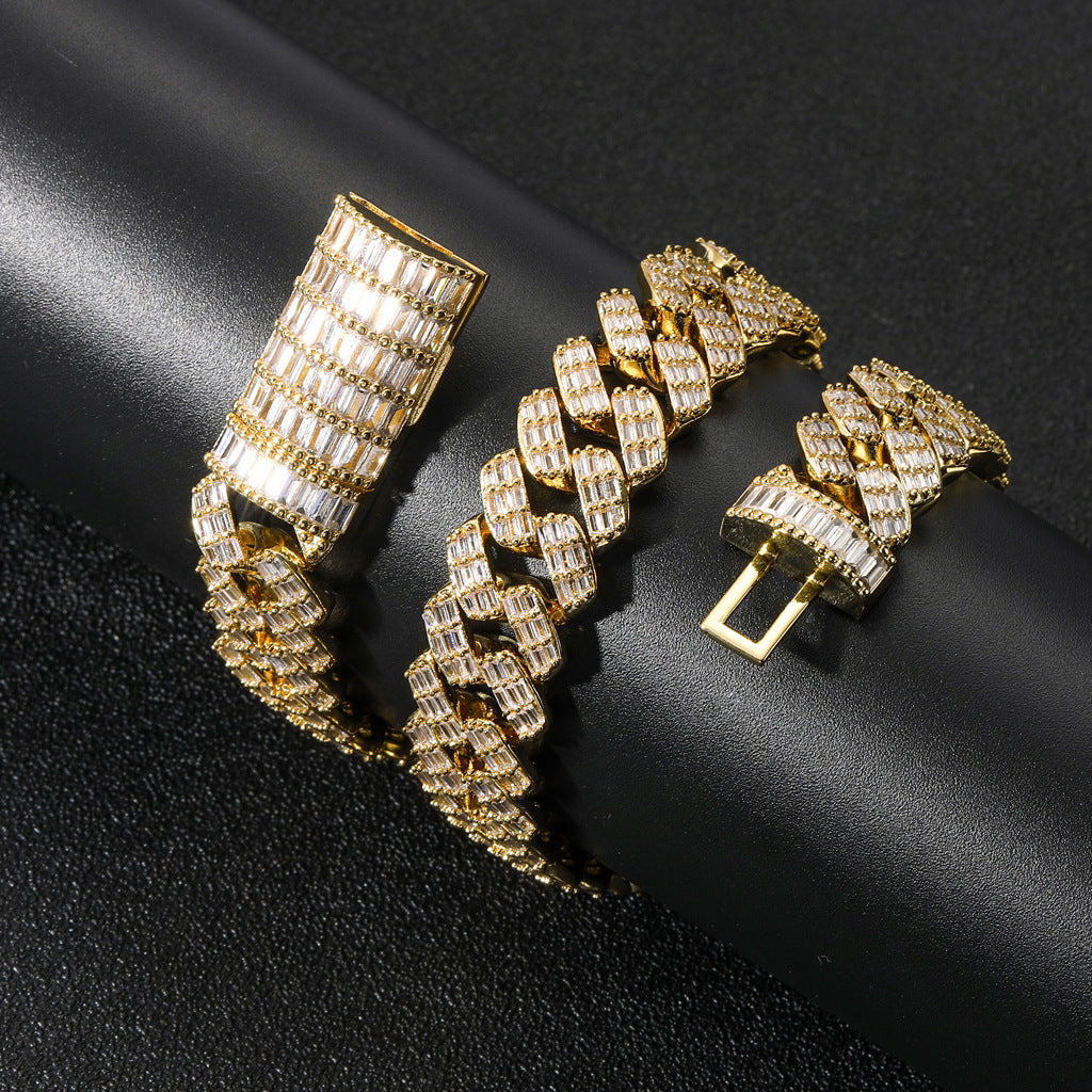 Hiphop Square Round Zircon Chain Mixed Diamond Cuban Link Chain Necklace Fashion Style Jewelry