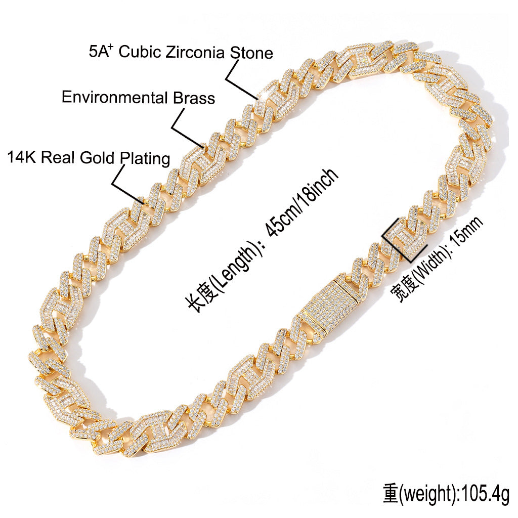 New Hip Hop Necklace 15MM Brass Zircon Two Colors Three To One Pig Nose Cuban Link Chain Necklace Jewelry