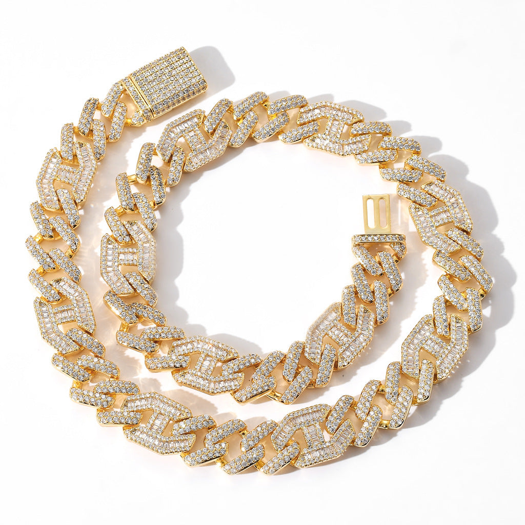 New Hip Hop Necklace 15MM Brass Zircon Two Colors Three To One Pig Nose Cuban Link Chain Necklace Jewelry