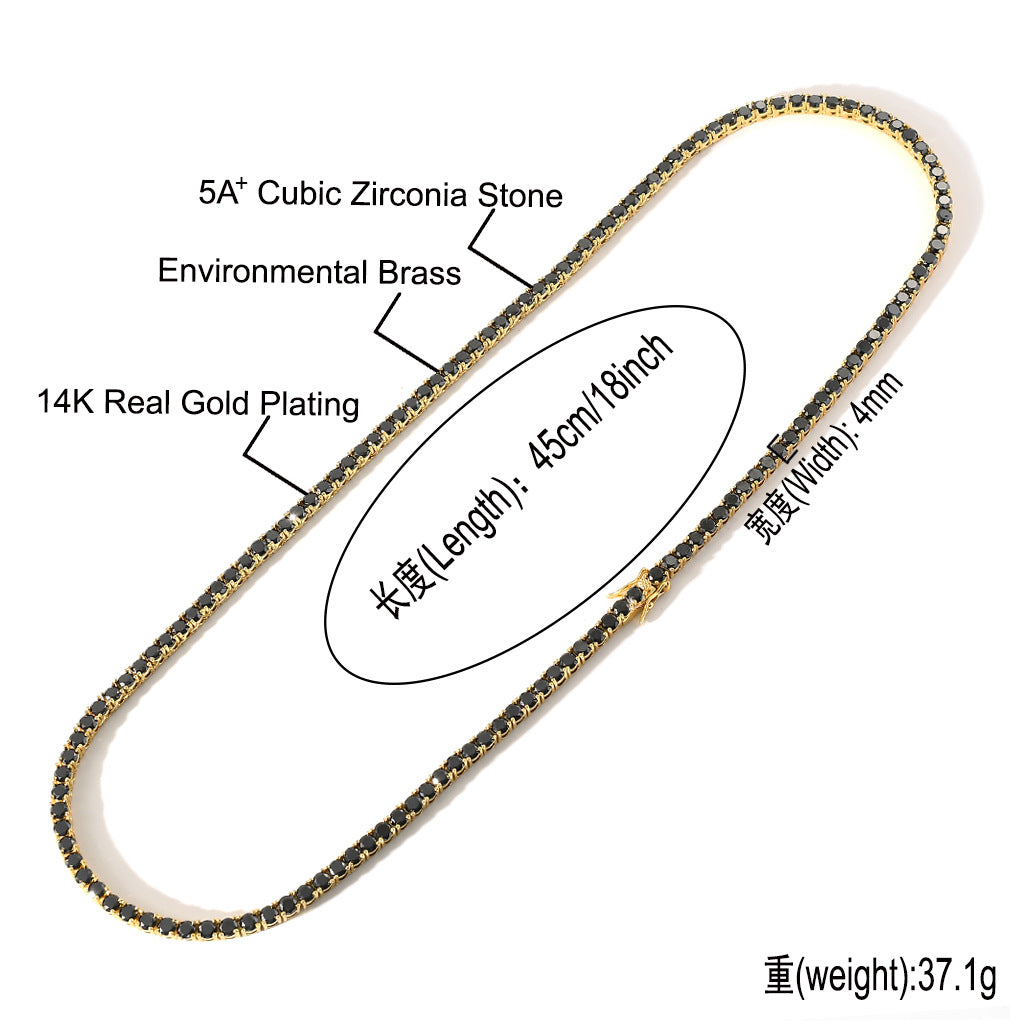 Hip Hop Tennis Chain 4mm Wide Black Zircon Single Row Zircon Fashion Brand Men Hip Hop Necklace Jewelry