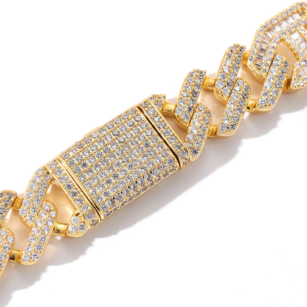New Hip Hop Necklace 15MM Brass Zircon Two Colors Three To One Pig Nose Cuban Link Chain Necklace Jewelry